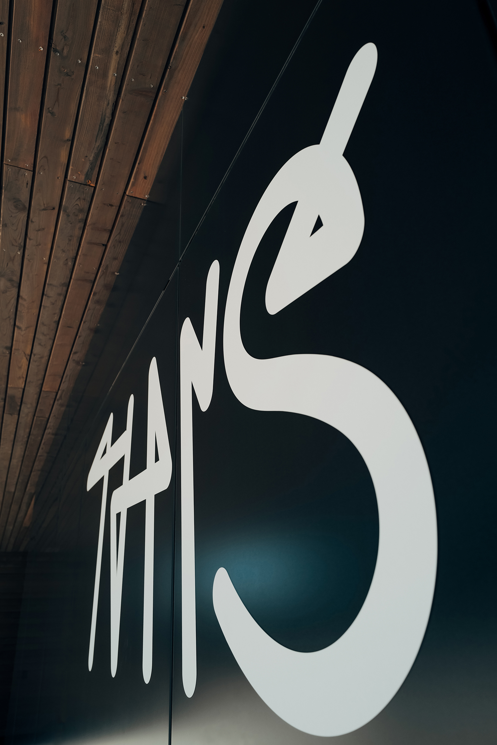 Detail der individuell gestalteten THIS-Typografie an der dunklen Außenfassade
